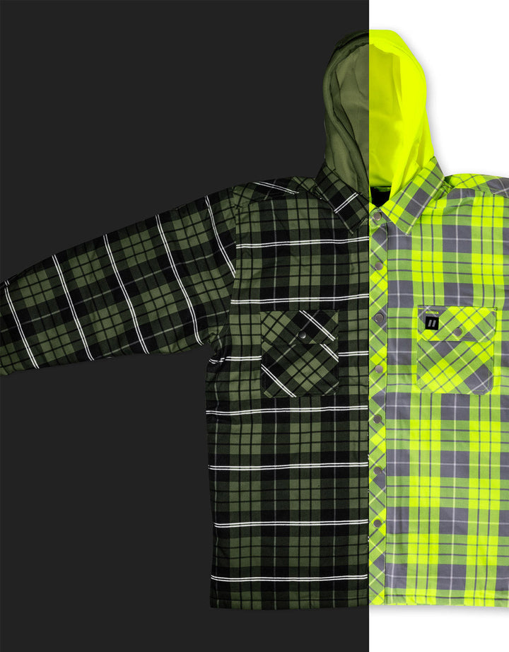 ForceField Hi Vis Plaid Hooded Quilted Flannel Shirt Jacket with Reflective  Striping 